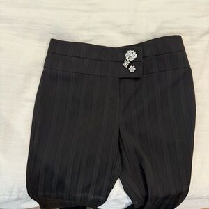 Anthropologie Black Pinstripe Pants with Floral Brooch